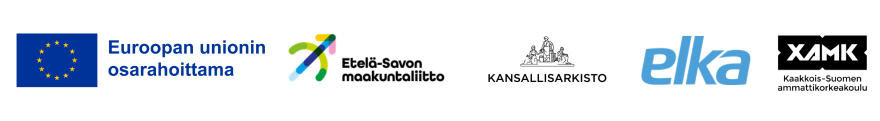 Kuva esittää Tiedon huoltovarmuudella turvatumpi tulevaisuus -hankkeen rahoittajien ja toteuttajien logot. Vasemmalta oikealle: Euroopan unionin lippu ja teksti 'Euroopan unionin osarahoittama', Etelä-Savon maakuntaliiton logo ja teksti 'Etelä-Savon maakuntaliitto', Kansallisarkiston logo, Elkan logo sekä oikealla Kaakkois-Suomen ammattikorkeakoulun (Xamk) mustavalkoinen logo.
