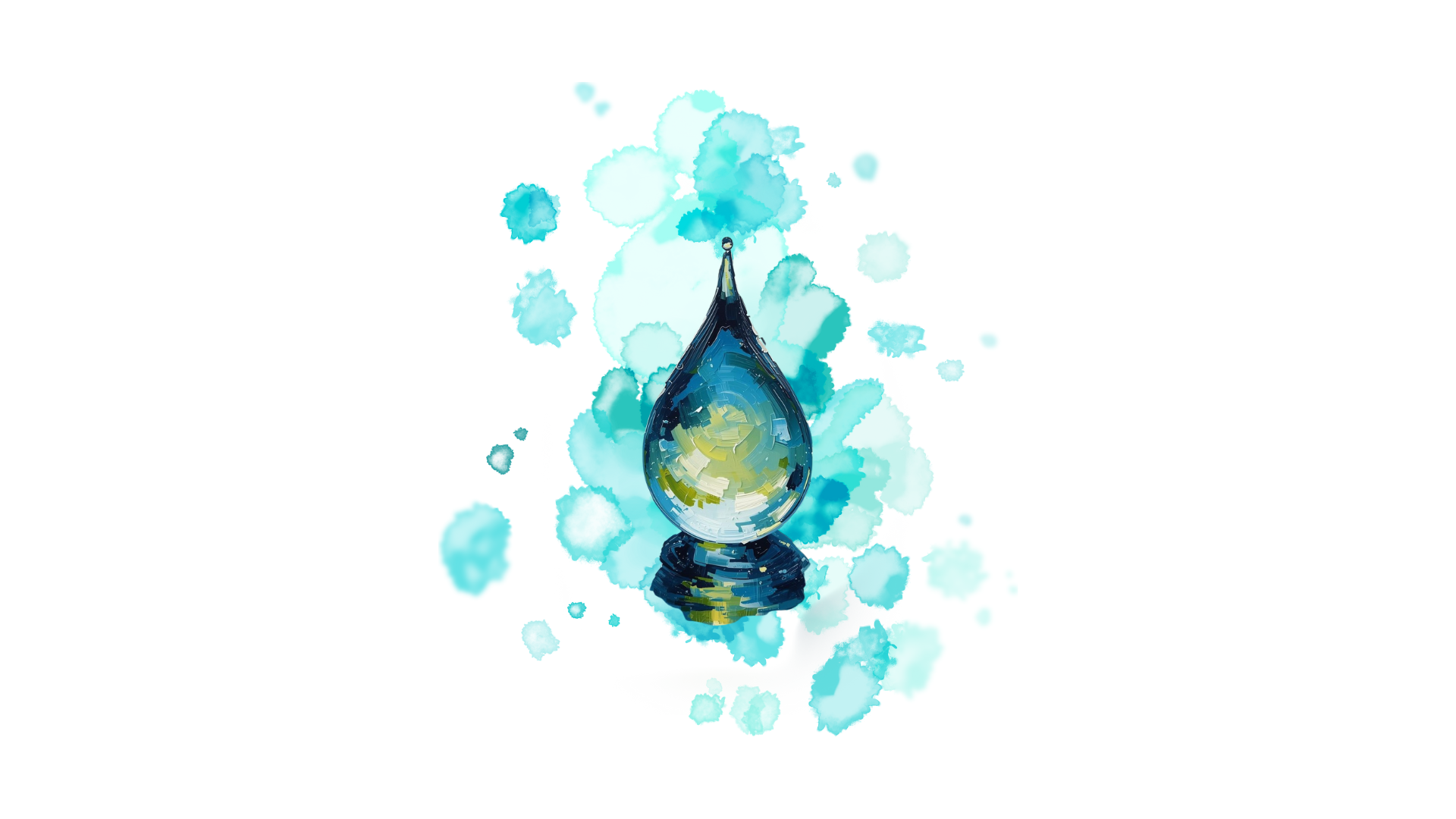 Kuvassa on taiteellinen vesipisara, joka on tehty akvarellityylisesti. Pisara on pääosin sinisen ja vihreän sävyinen, ja se heijastaa sisältään värikkäitä ja epäsäännöllisiä siveltimen vetoja.