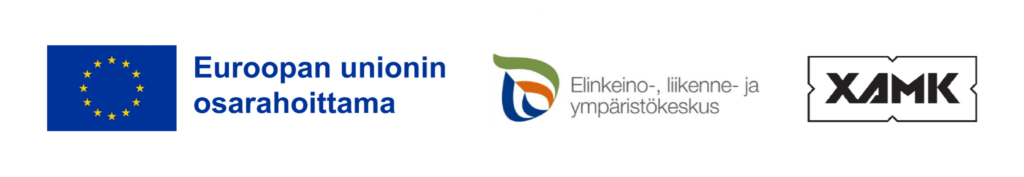 Kuva esittää DAME-hankkeen rahoittajien logot. Vasemmalta oikealle: Euroopan unionin lippu ja teksti 'Euroopan unionin osarahoittama', keskellä ELY-keskuksen logo ja teksti 'Elinkeino-, liikenne- ja ympäristökeskus', oikealla Kaakkois-Suomen ammattikorkeakoulun (XAMK) mustavalkoinen logo.